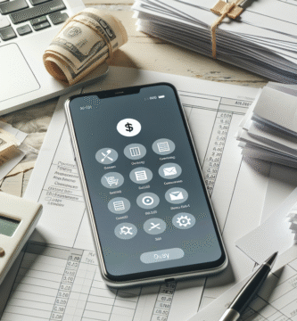 En moderne mobiltelefon med Vipps-appen åpen, omgitt av regneark og kvitteringer på et ryddig skrivebord, nøytrale farger
